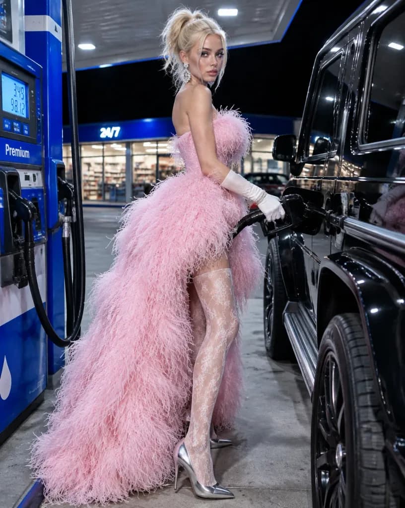 Couture Feather Gown at Night Gas Station