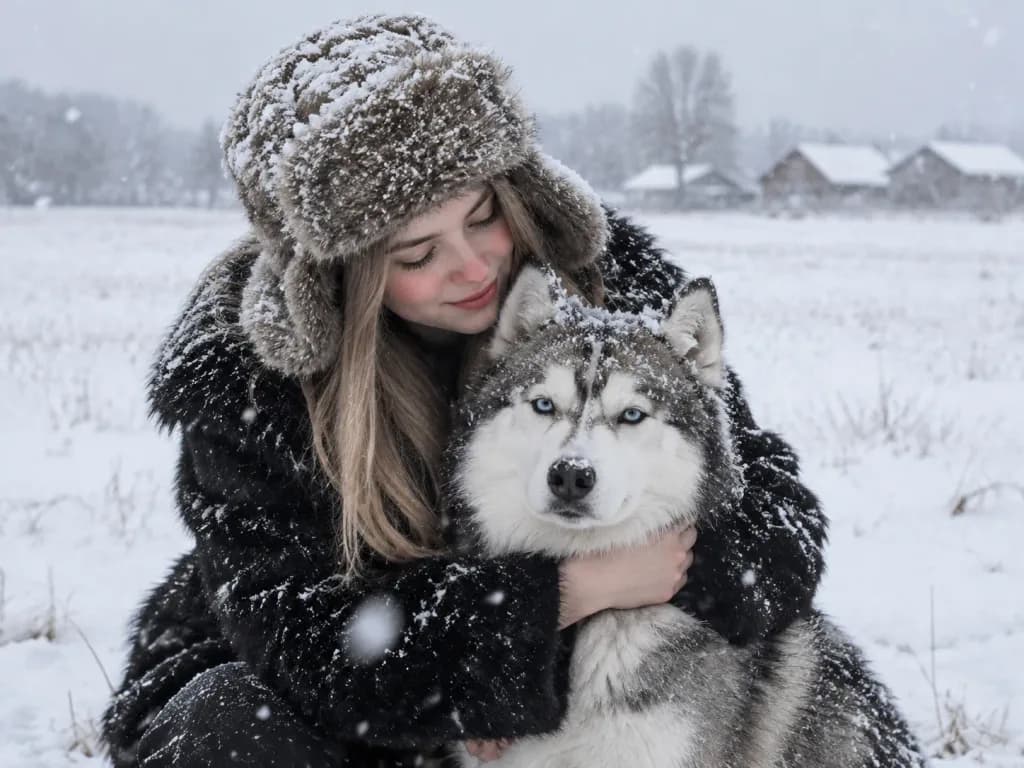 雪地中擁抱哈士奇的女性肖像