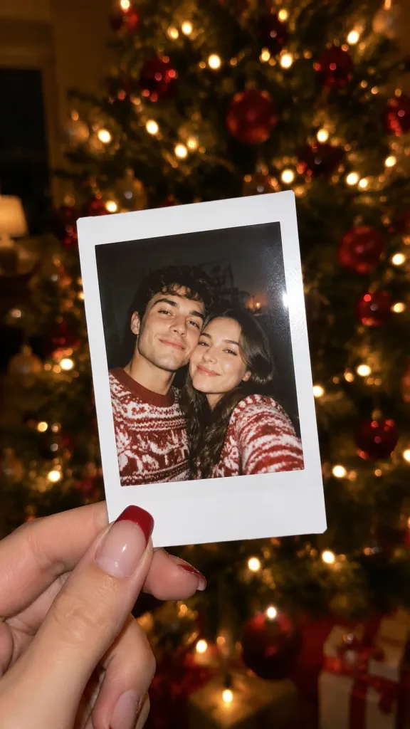 Holding Polaroid of Couple by Christmas Tree