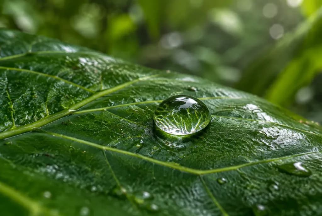 Macro Water Droplet on Rainforest Leaf