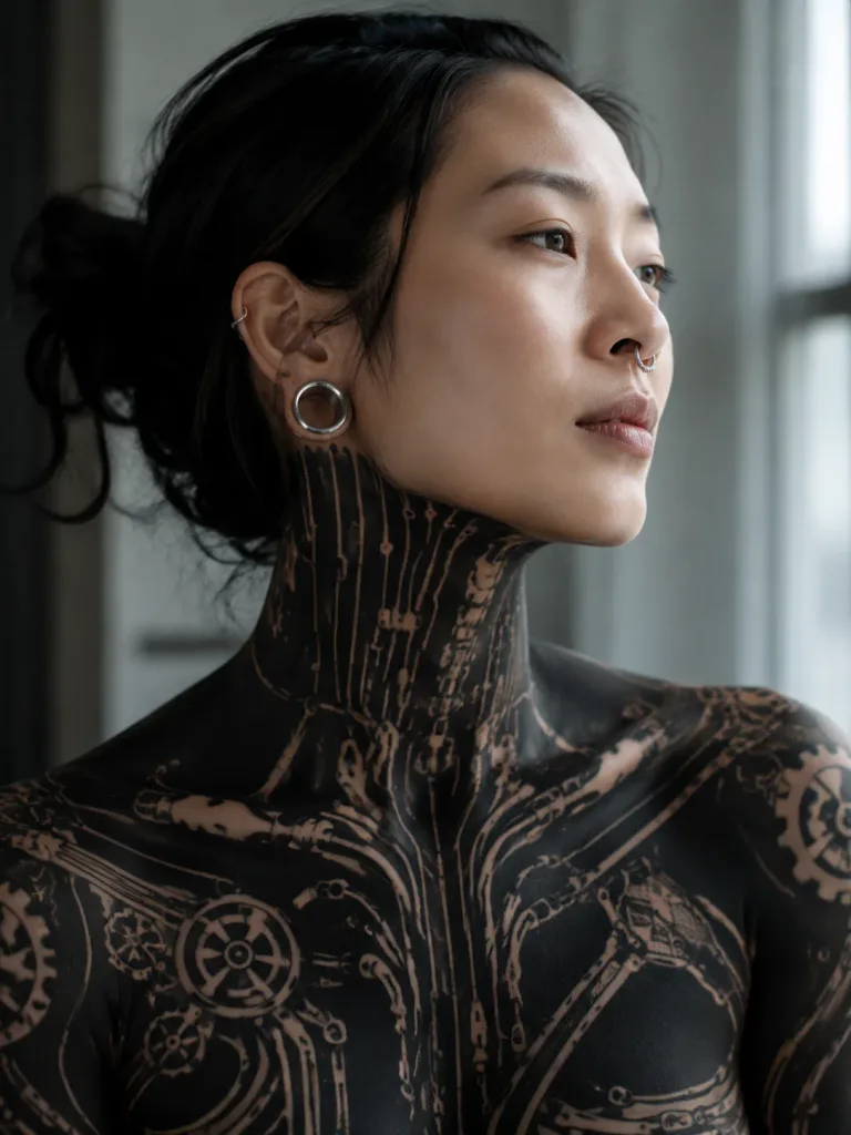 East Asian Woman with Negative Space Blackout Tattoos