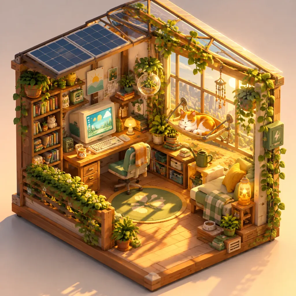 Isometric Solarpunk Cozy Room Diorama