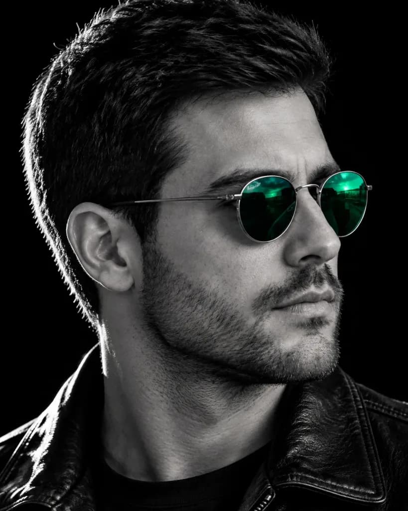 Black and White Portrait with Emerald Sunglasses