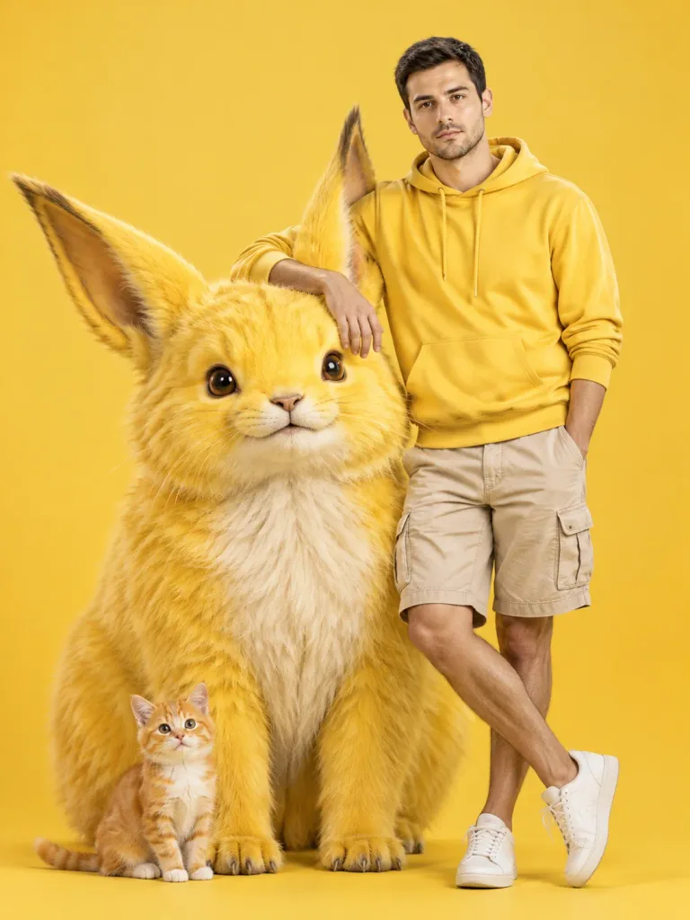 Stylish Man with Giant Pikachu Studio Portrait