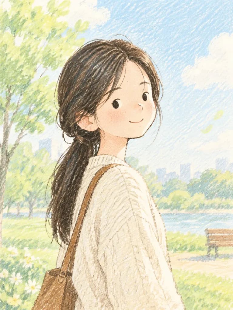 パステル色鉛筆の公園ポートレートイラスト