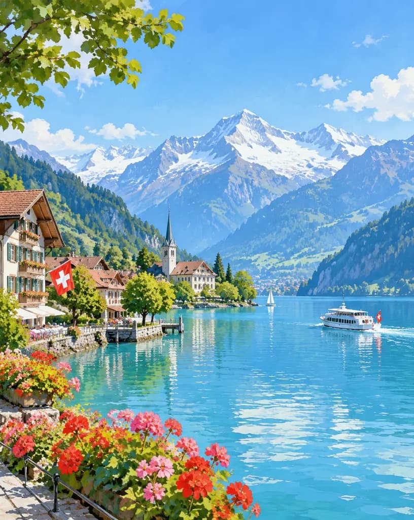 Precision Landscape Illustration of Interlaken