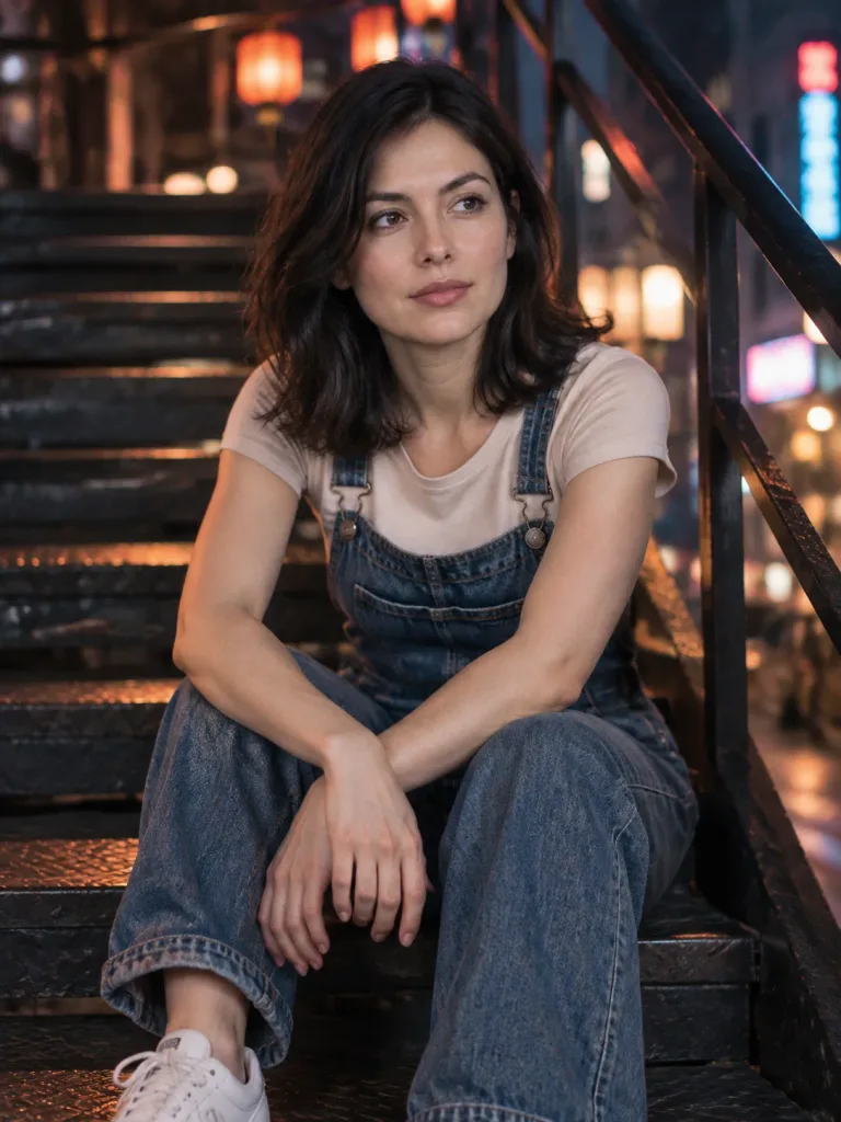 Night Portrait on Urban Metal Stairs