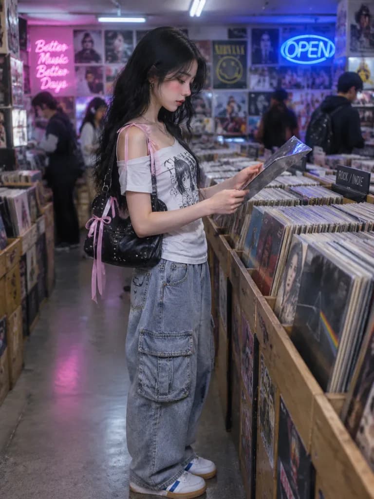 Garota Y2K Coquette em Loja de Vinil Vintage