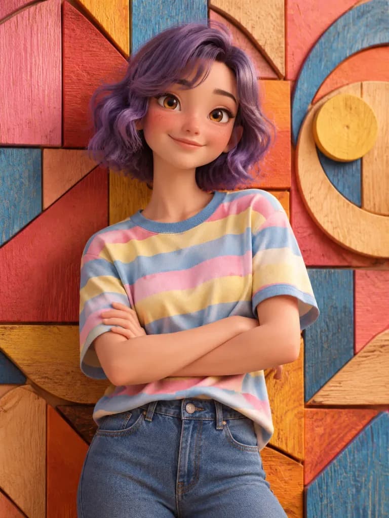 Stylized 3D Animated Girl Against Wooden Mosaic