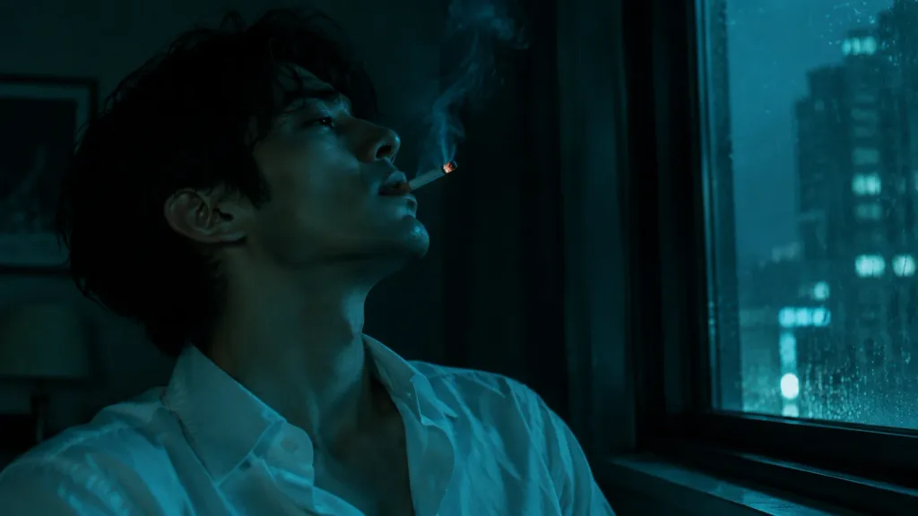 Melancholic Man by Window with Cigarette