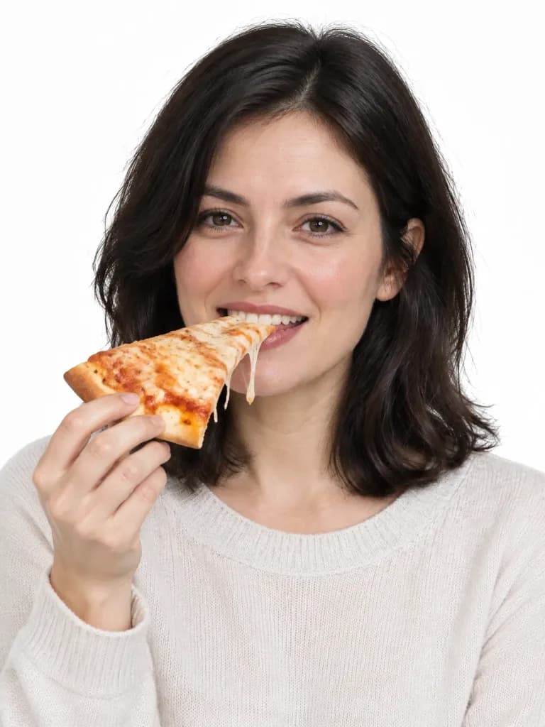 Woman Eating Pizza Studio Portrait