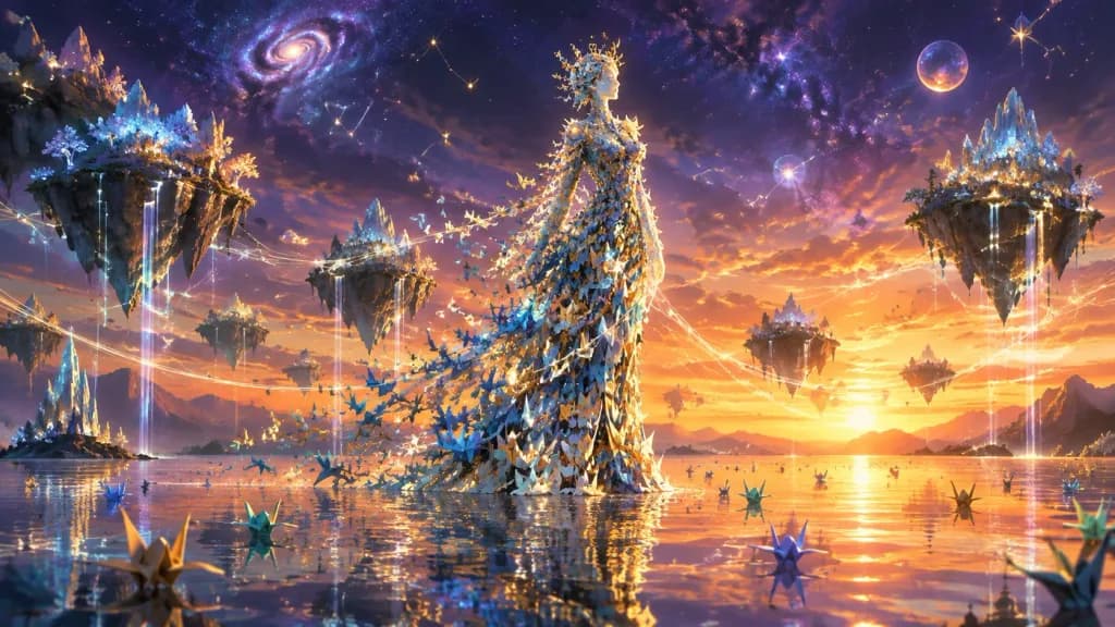 Origami Crane Colossus on Reflective Lake