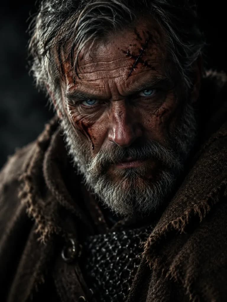 Scarred Medieval Warrior Close-Up Portrait