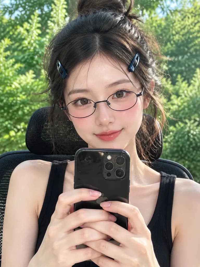 동아시아 여성의 야외 보케 셀카