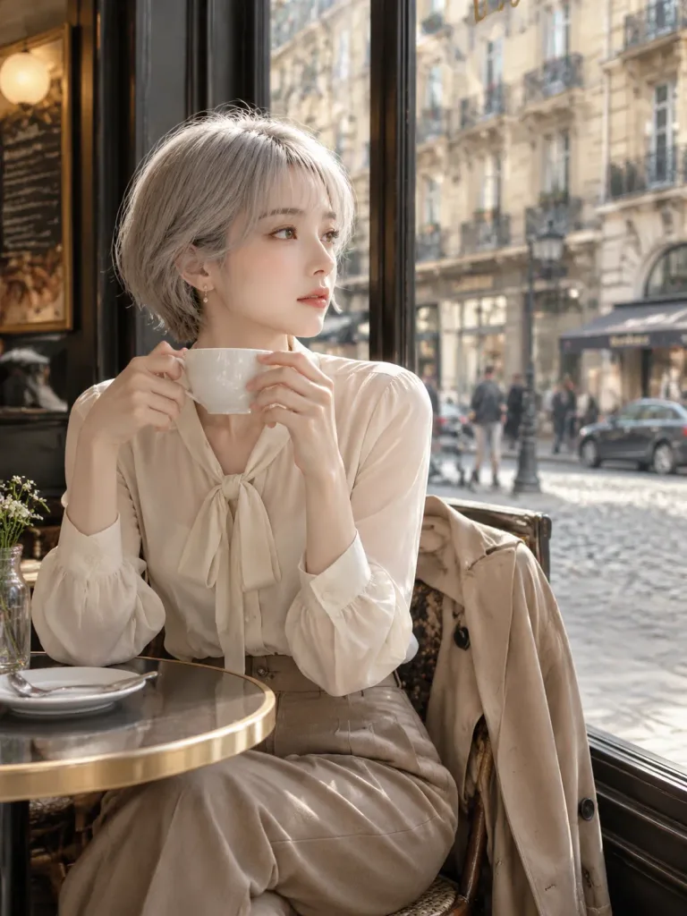 パリのカフェの窓辺ポートレート