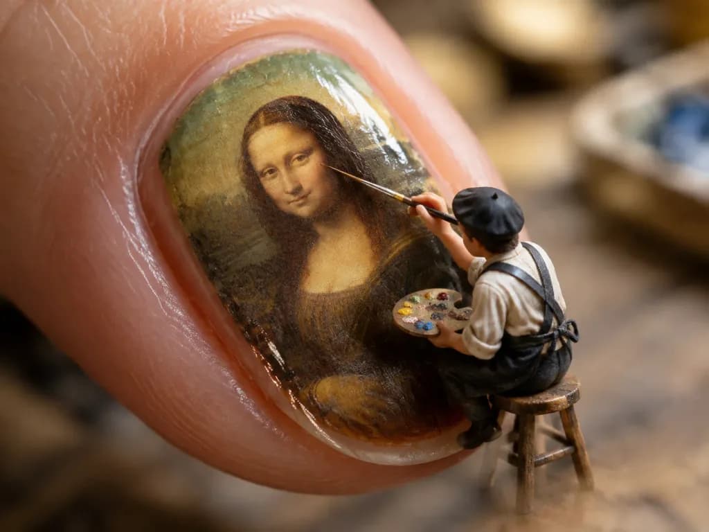 Miniature Artist Painting on Fingernail