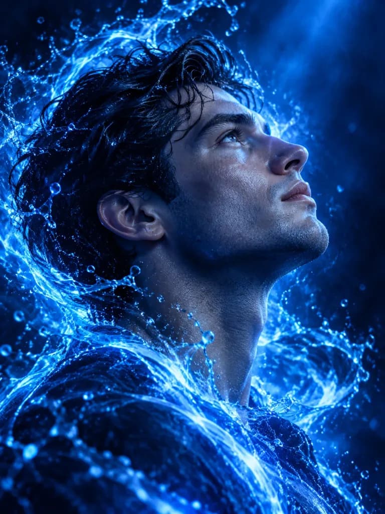 Side Profile Portrait in Blue Liquid Splashes