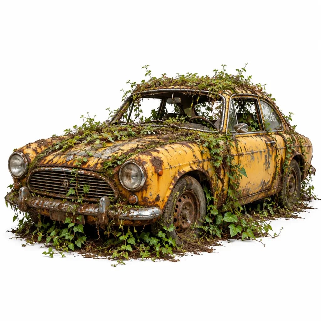 Abandoned Overgrown Object on White Background