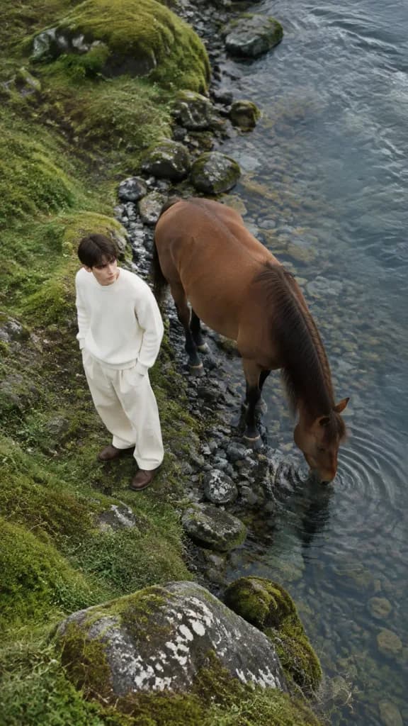 Minimalist Fashion Editorial with Man and Horse