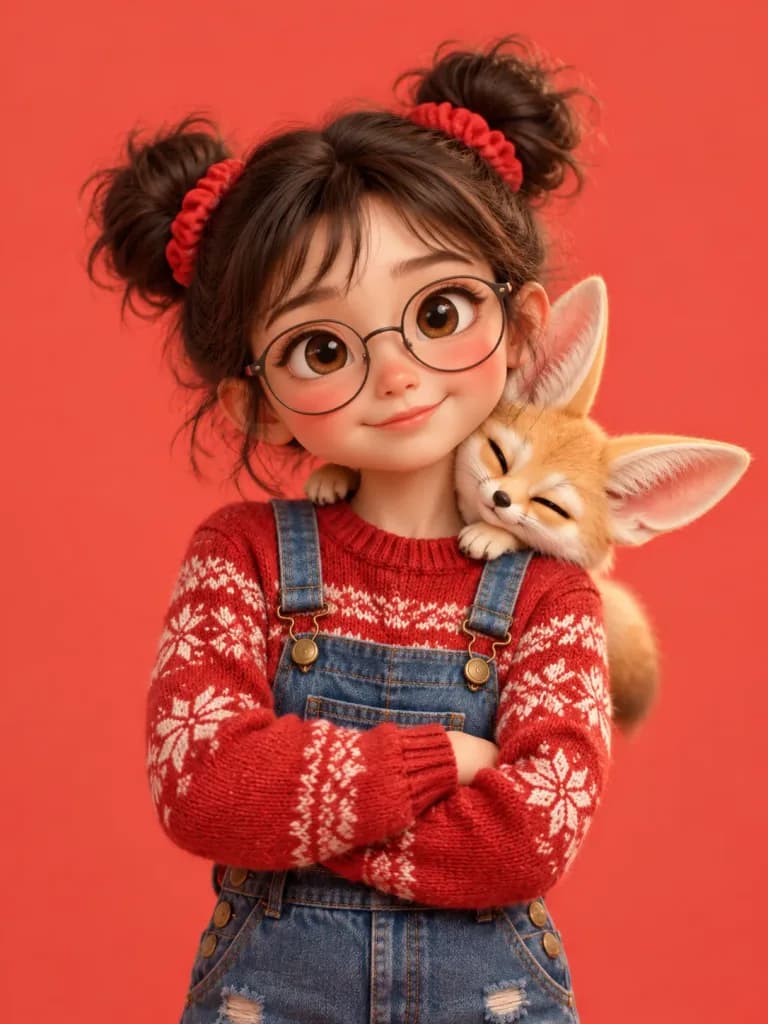 フェネックを肩に乗せたピクサースタイルの少女