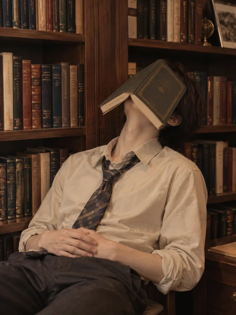 Young Man Resting Under Book in Library