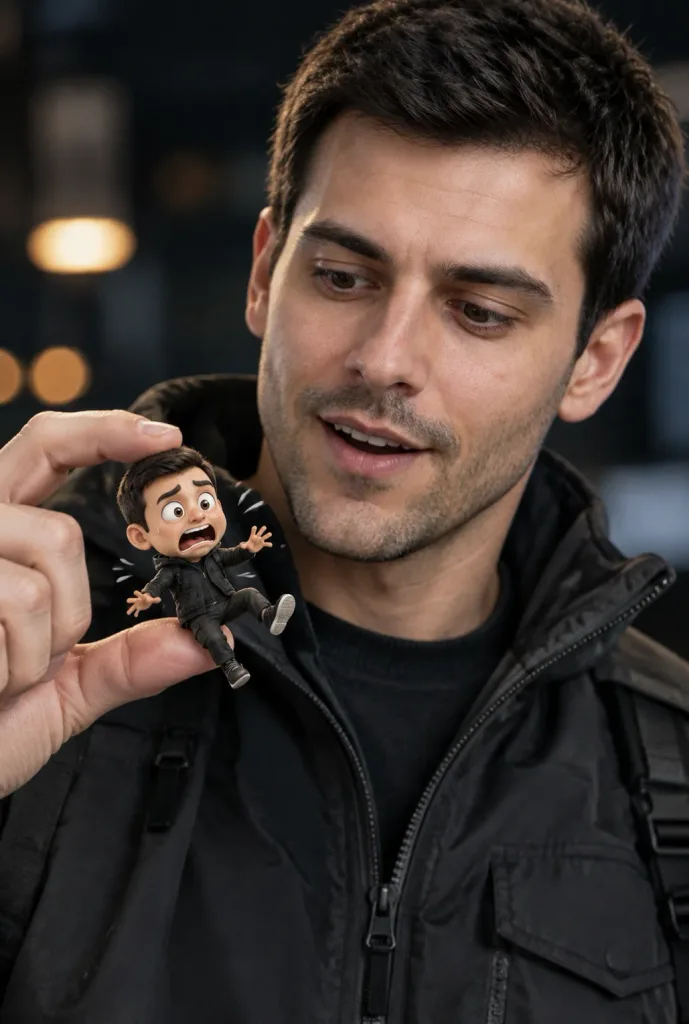Man Holding Tiny Cartoon Miniature of Himself