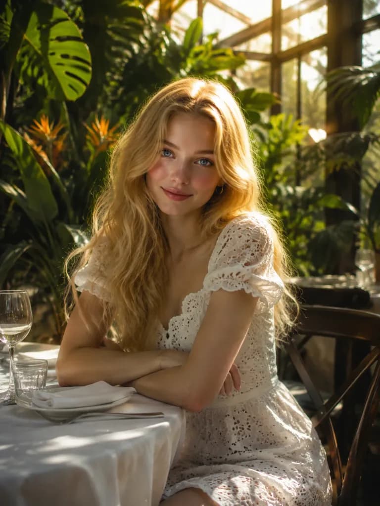 Scandinavian Woman in Greenhouse Atrium