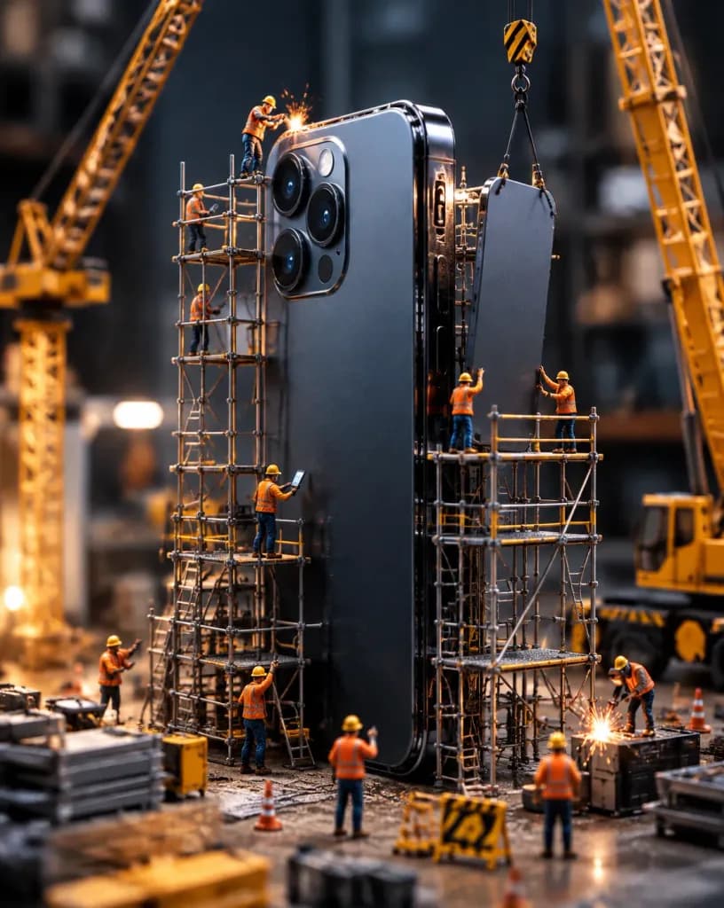 Miniaturowa ekipa budowlana montująca produkt
