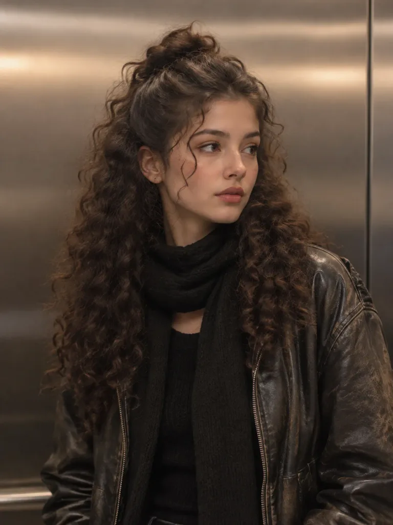 巻き髪女性のエレベーター映画風ポートレート