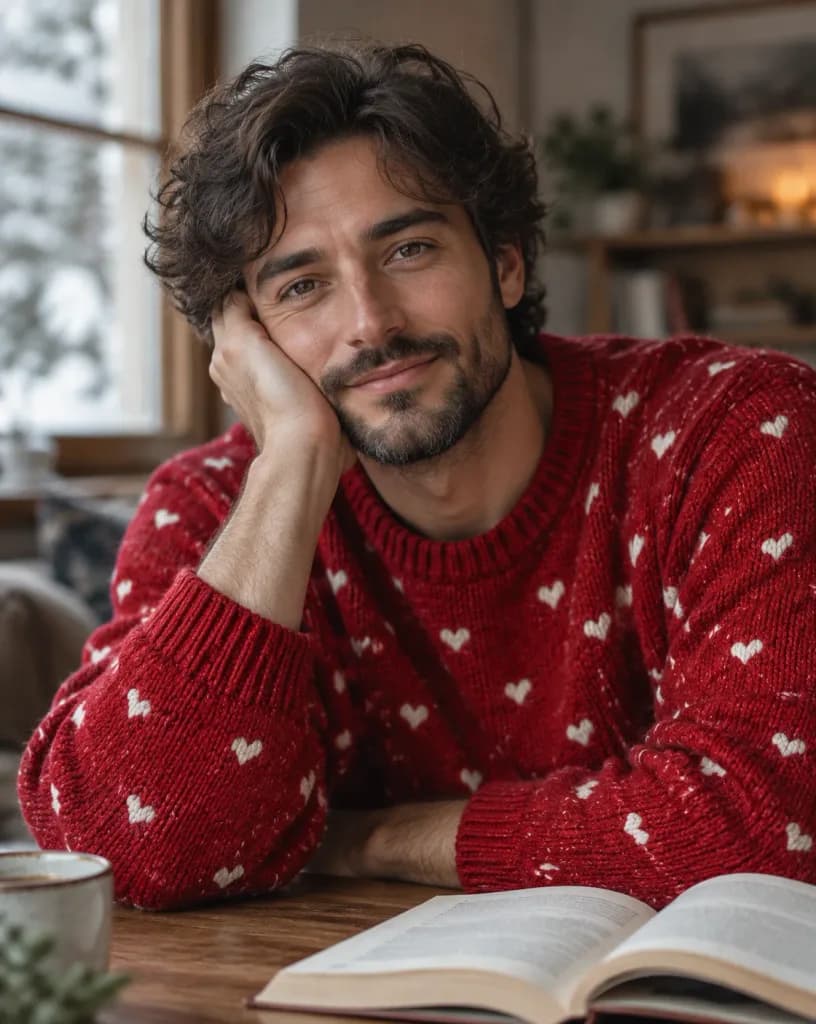 Mann liest im Pullover mit Herzmuster