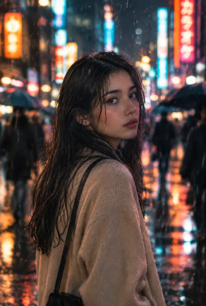 Melancholic Woman in Rainy Neon City