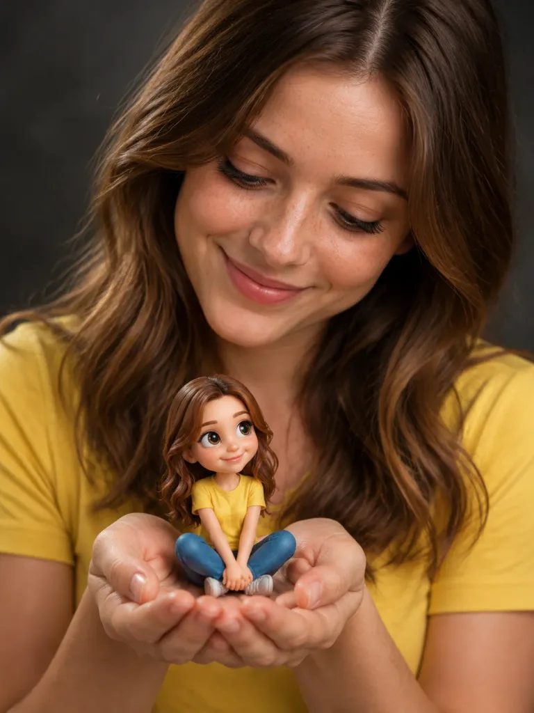 Woman Holding Miniature Cartoon Figurine