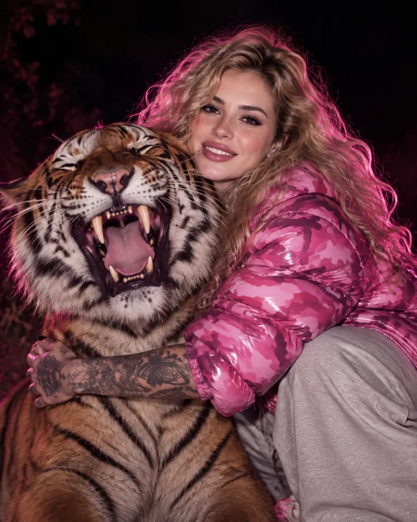 Ritratto Notturno di Donna che Abbraccia una Tigre Ruggenti