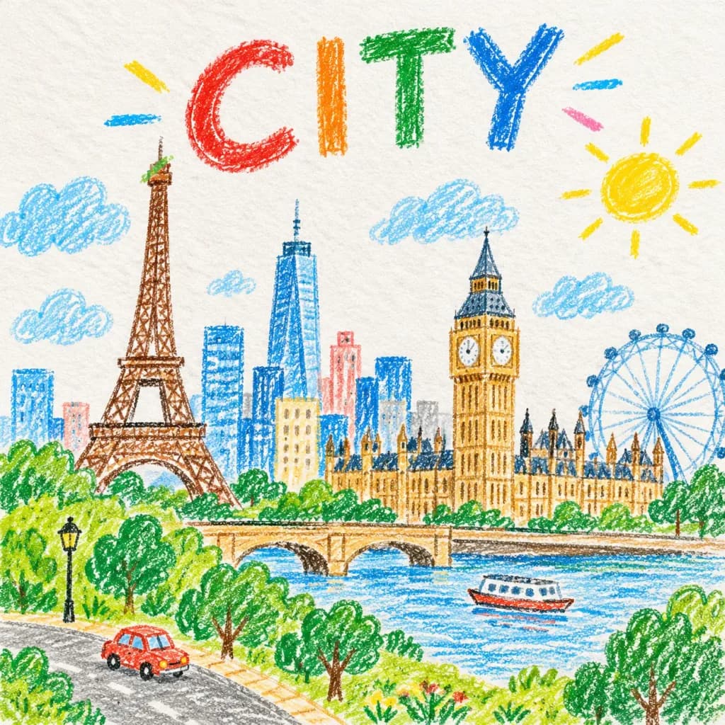 Crayon and Colored Pencil City Drawing