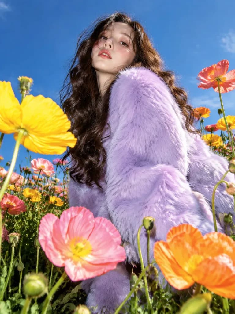 Faux Fur Coat in Poppy Meadow