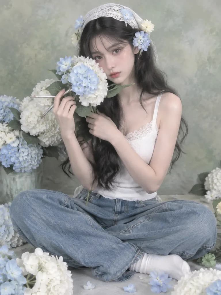 수국과 동아시아 여성 스튜디오 포트레이트