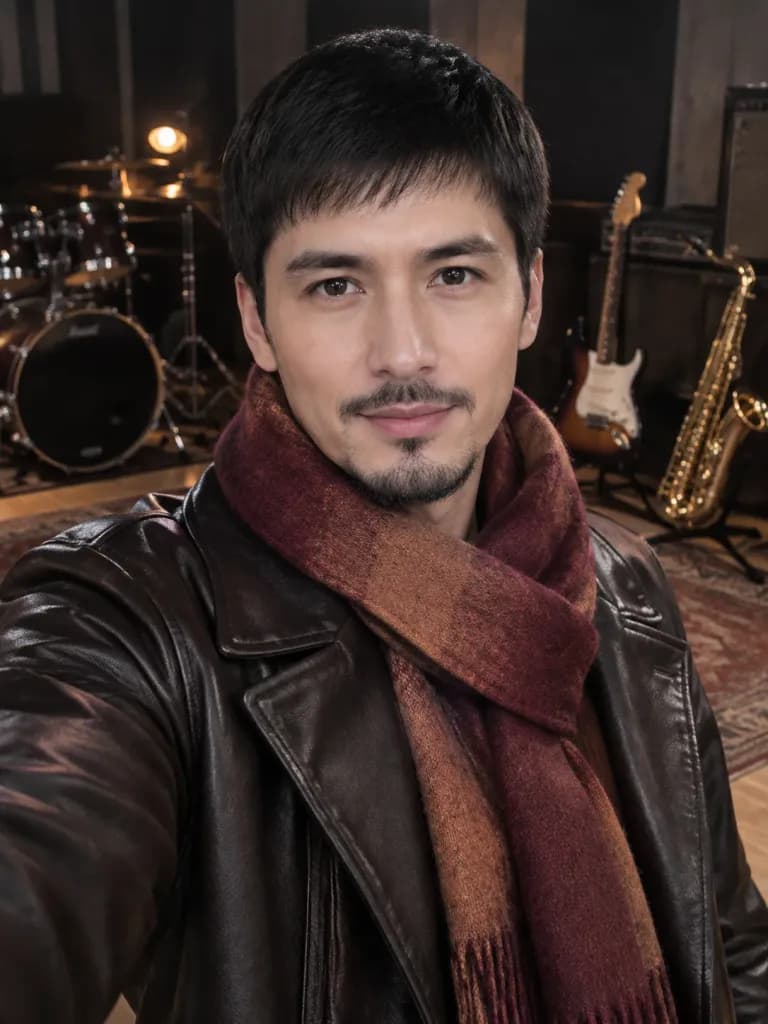 Recording Studio Leather Jacket Selfie