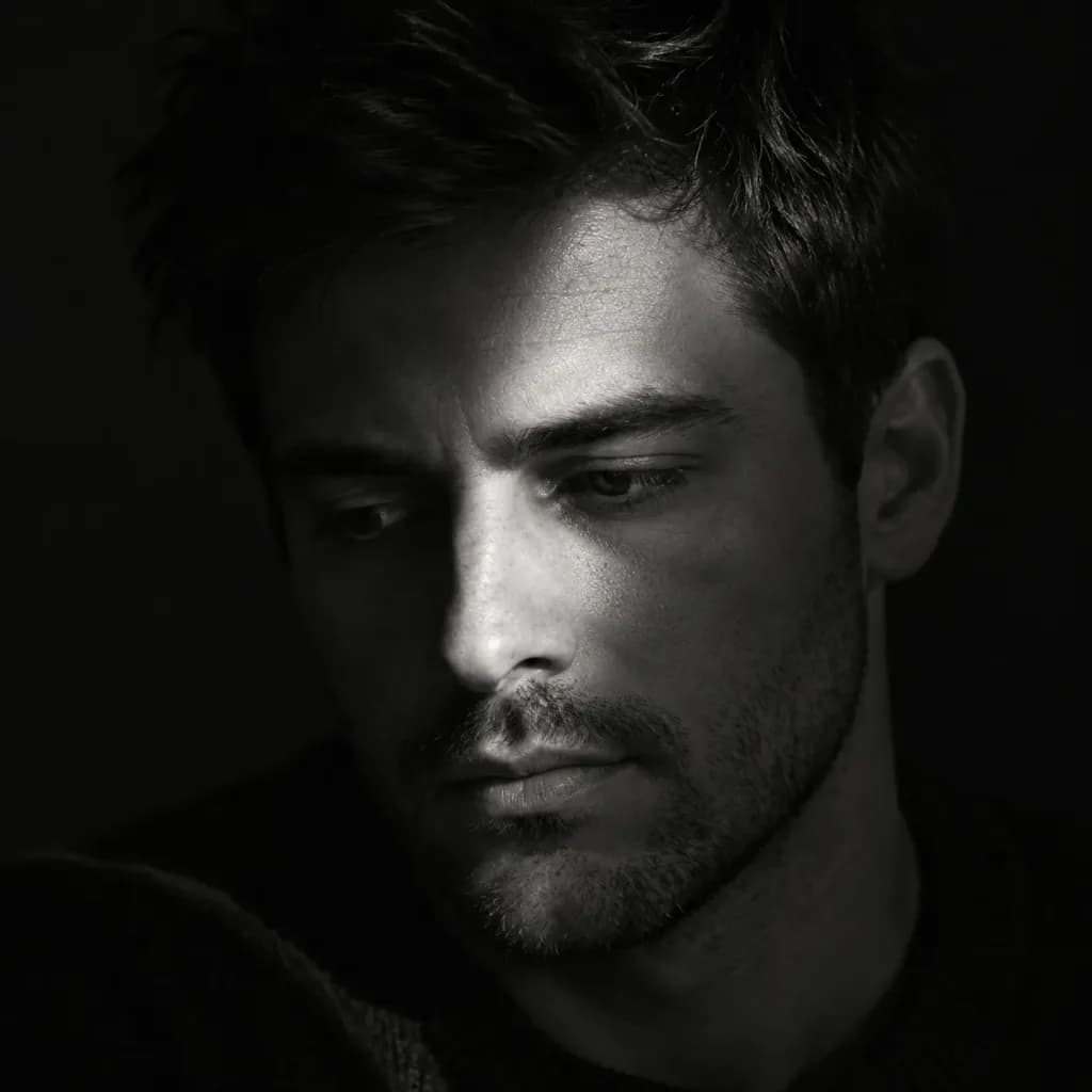 Dramatic Black and White Pensive Portrait