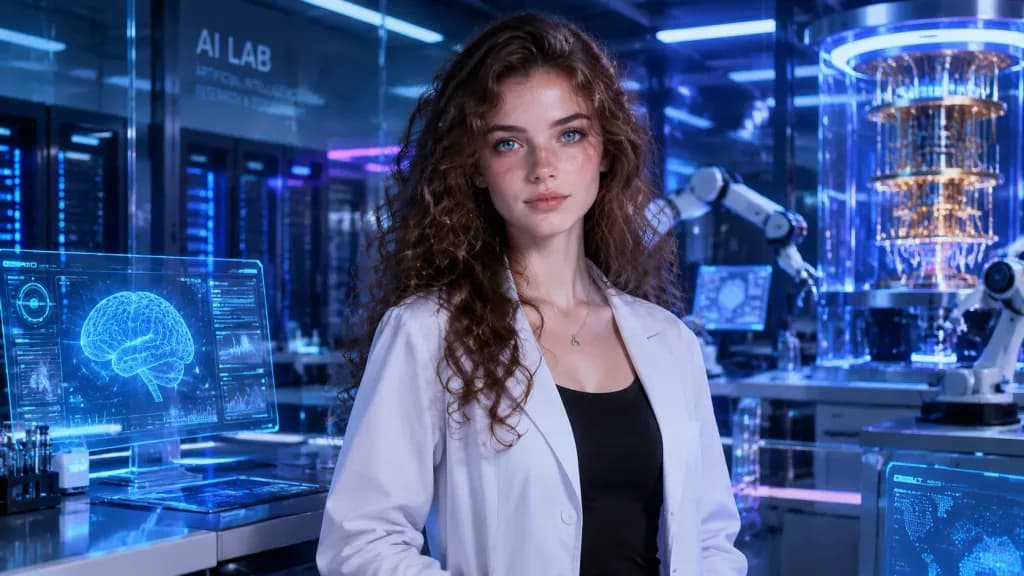 Woman Scientist in Futuristic AI Lab