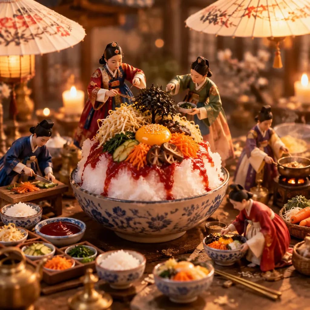 Miniature Joseon Chefs Crafting Bibimbap Diorama
