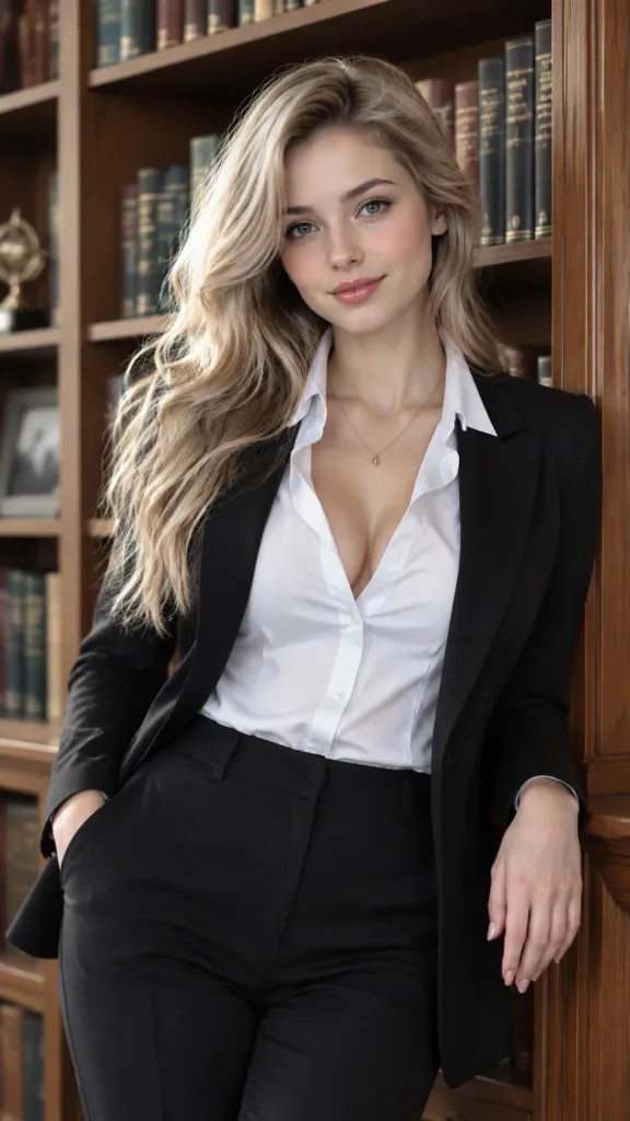 Portrait Élégant d'une Femme d'Affaires en Bibliothèque