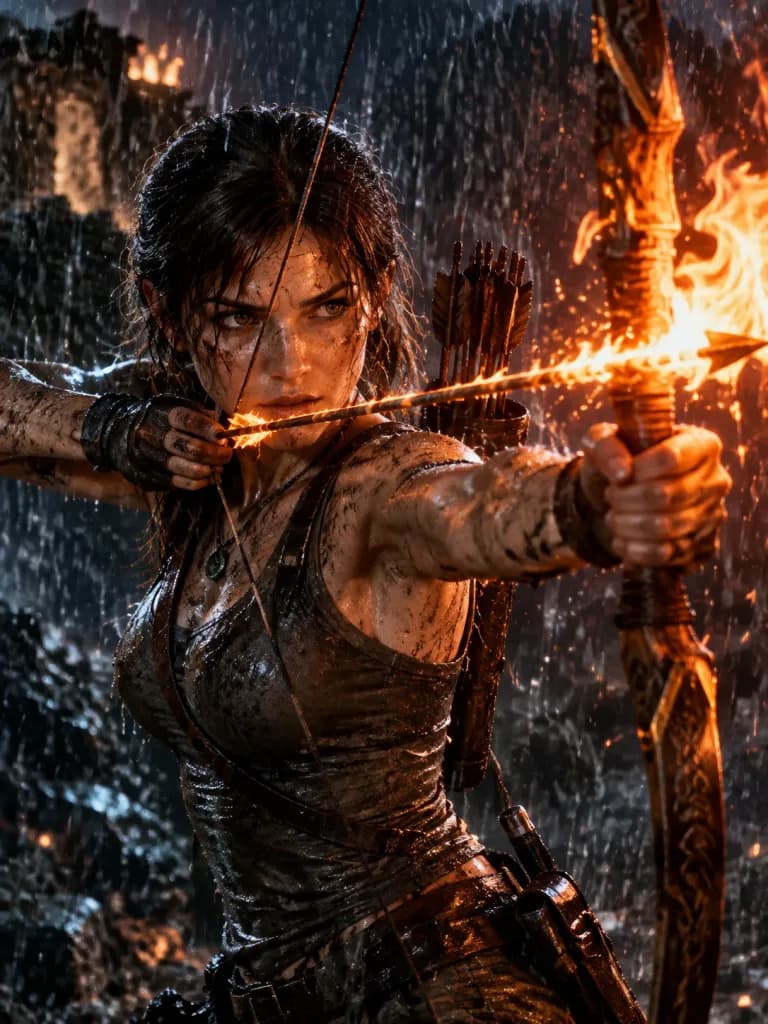 Lara Croft Mirando Arco em Chamas na Chuva