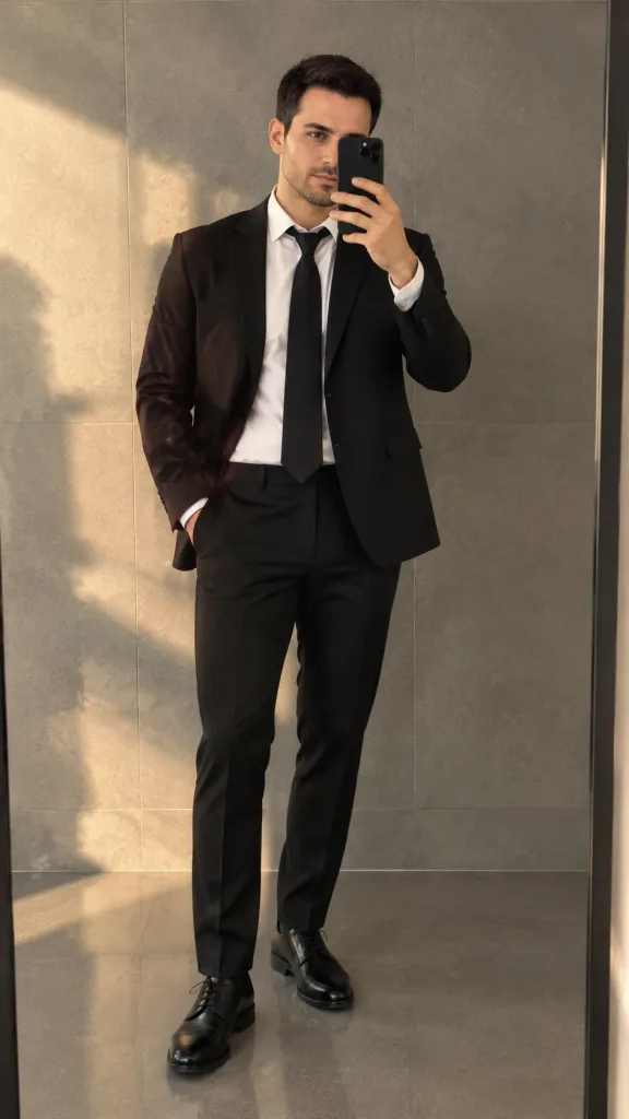 黒スーツの全身ミラーセルフィー