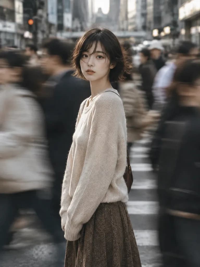 Woman in Motion Blurred Urban Crowd