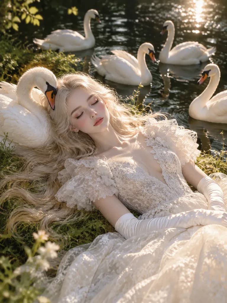 Woman in Ivory Ballgown with Swans