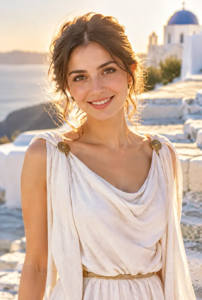 Ritratto di Donna Greca nell'Ora d'Oro a Santorini