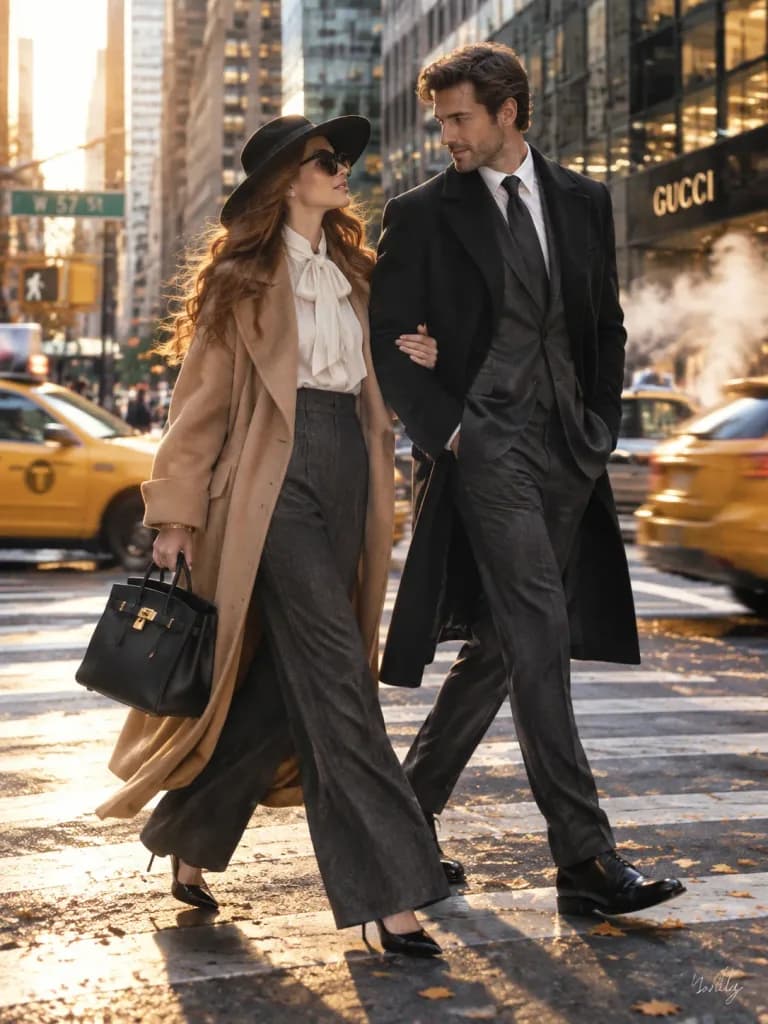 Autumn Fashion Couple on NYC Crosswalk