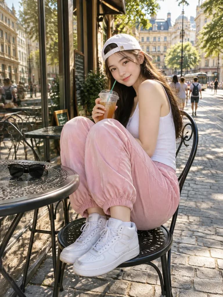ヨーロッパのカフェテラスに佇む若い女性