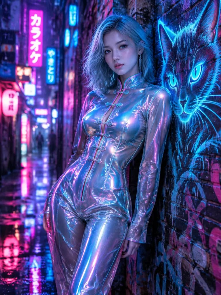 Cyberpunk Holographic Fashion Alley Portrait