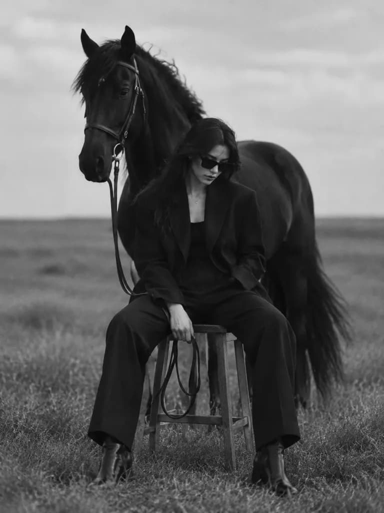 Monochrome Fashion Portrait with Black Horse